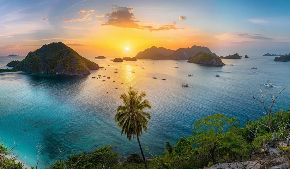 a serene panorama of a pristine remote island featuring vibrant turquoise waters, lush green palm trees, and soft white sands under a radiant sunset sky, inviting travelers to escape to paradise in 2025.